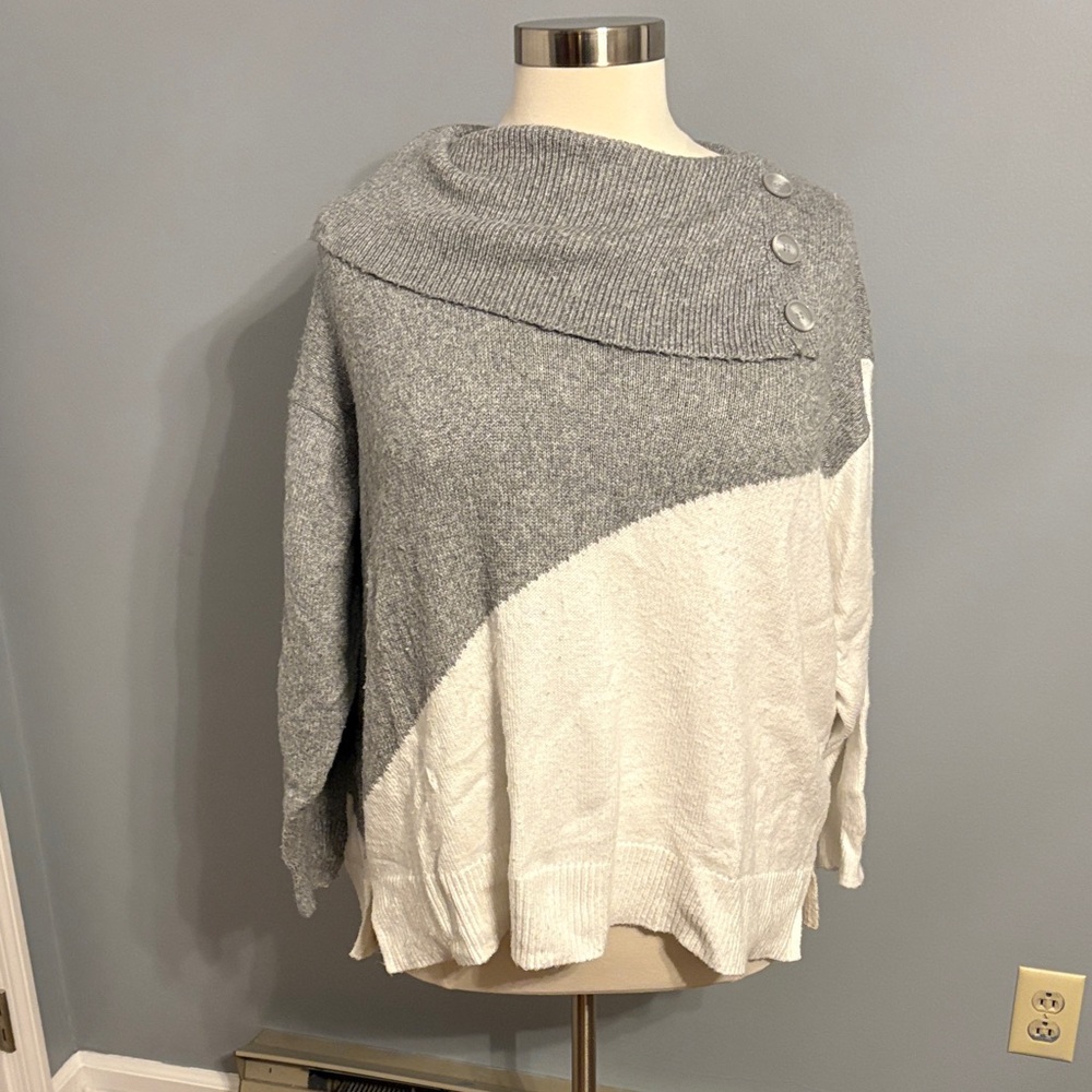 Lane Bryant Gray and Cream Colorblock Cowl Neck Sweater with Buttons